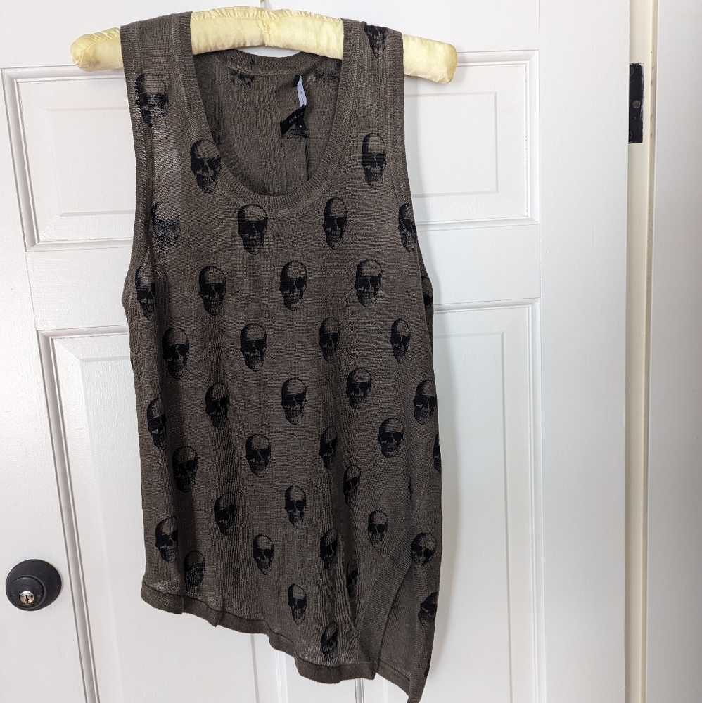 COPY - SKULL CASHMERE Sz S Small  Green with Black Skulls Tank top NWT